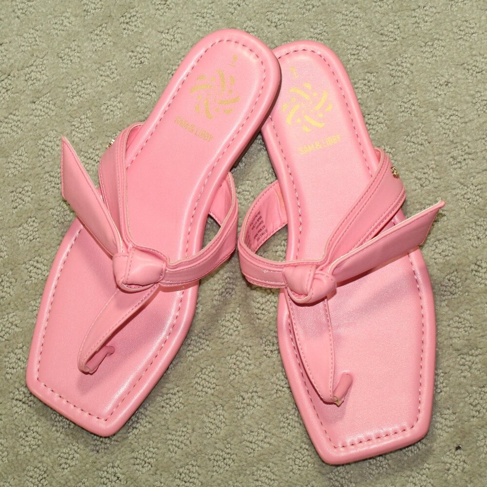 SAM & LIBBY TIA Size 9 Bow Bubble Gum Pink T-Strap Flip Flop Square Toe Sandals